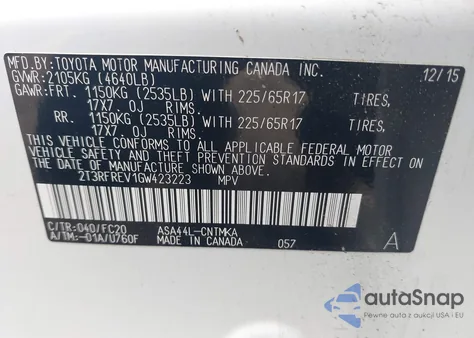 2016 Toyota Rav4 Xle z USA, uszkodzony, nr VIN 2T3RFREV1GW423223